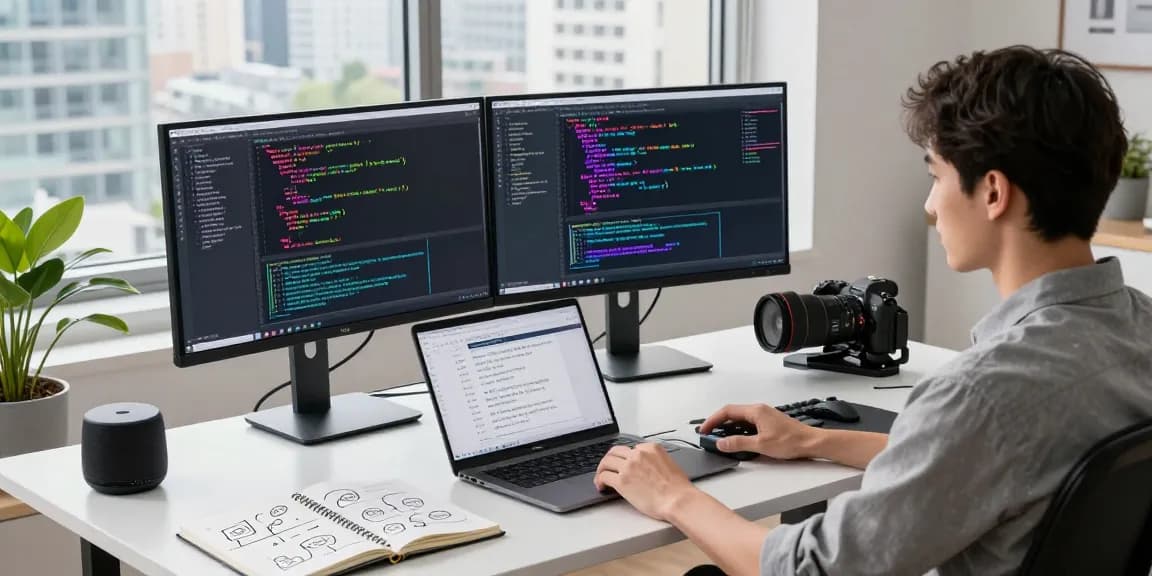 Developer coding on large language models at a modern workspace with dual monitors, notebooks, and a city view.