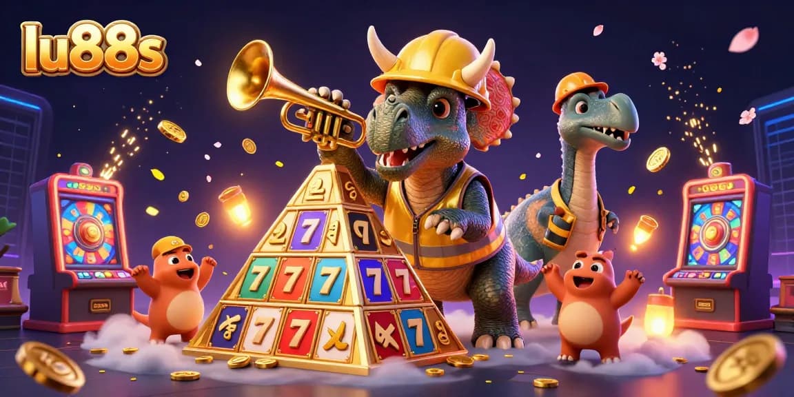 lu88s energizes slot gaming with cheerful dinosaurs celebrating jackpots amidst vibrant casino elements