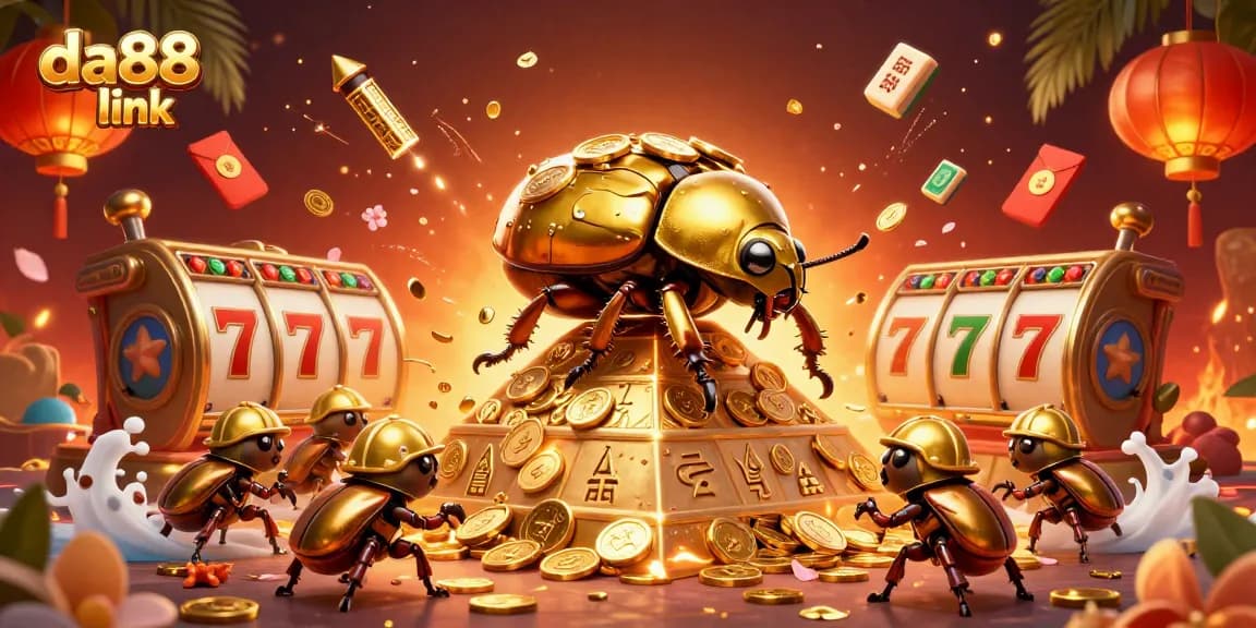 Experience the da88 link excitement with a vibrant casino-themed illustration full of lucky symbols and dynamic action.