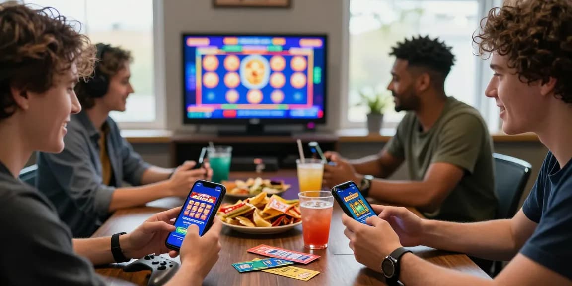 Friends enjoying gaming night with free spins on registration UK offers on smartphones and colorful snacks.
