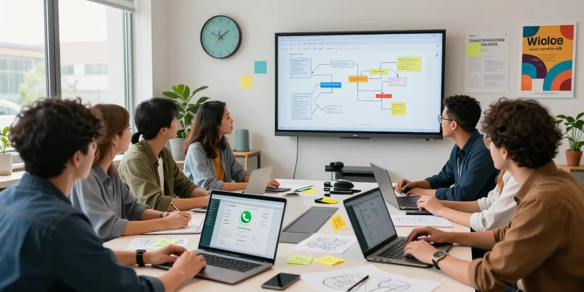 Professionals collaborating in a vibrant workspace showcasing WhatsApp網頁版, emphasizing teamwork and digital connectivity.