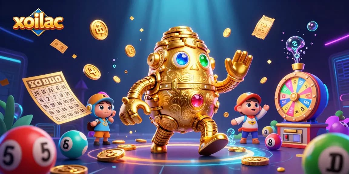 Xoilac's vibrant scene showcases a golden golem surrounded by colorful lottery elements, emphasizing excitement and winnings.