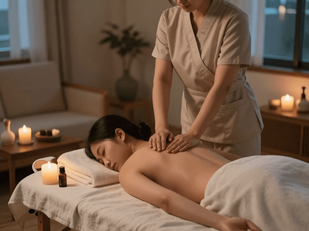 월곶출장마사지 in a cozy home setting with a professional therapist providing relaxation.