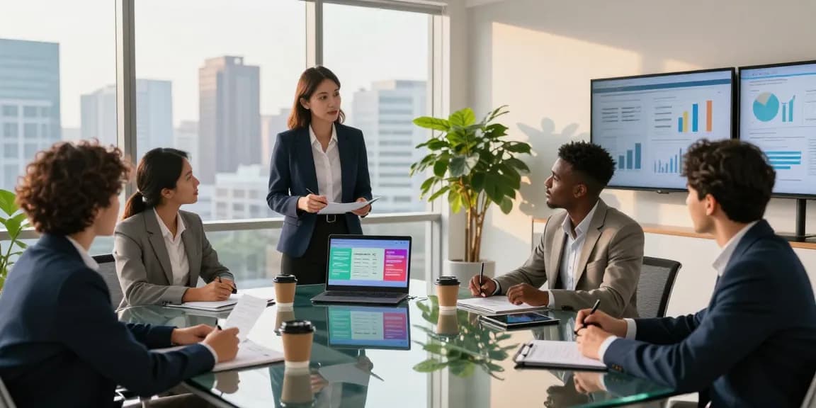 Team discussing business telephone plans in a modern office setting, with visuals and collaborative atmosphere.