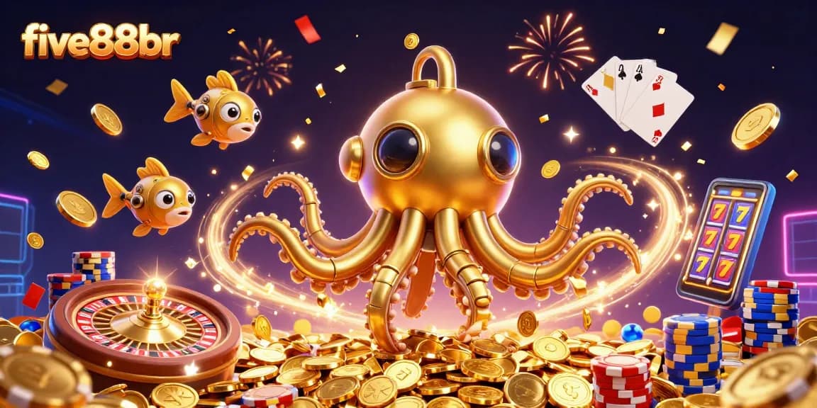 Experience thrilling games with five88br's golden kraken submarine amidst cascading coins and vibrant casino elements.