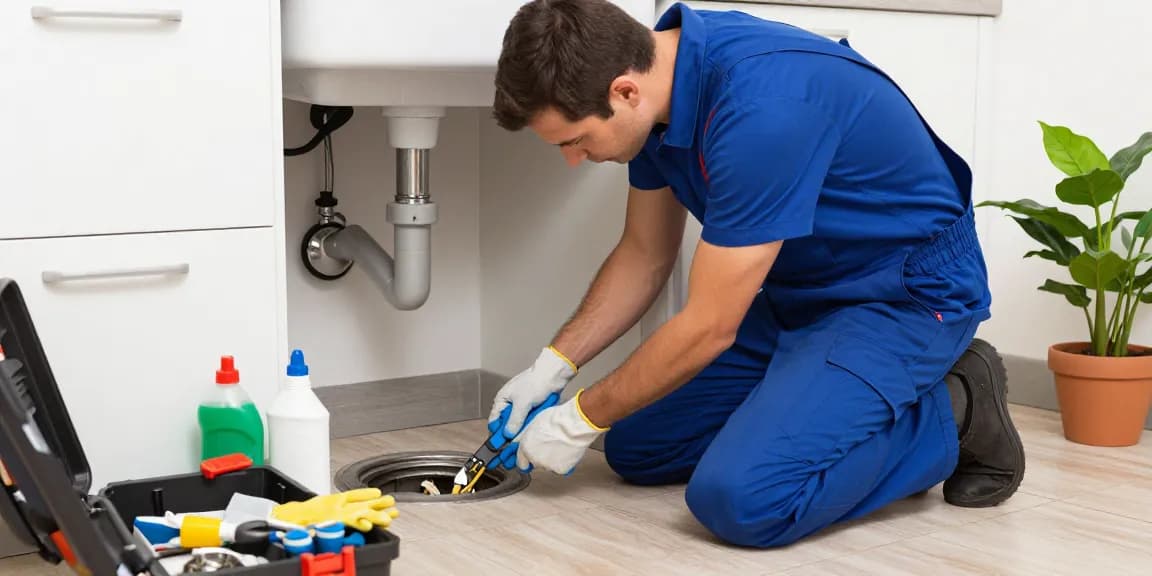 Emergency plumber addressing a blocked drain in London, equipped with tools and cleaning solutions, ensuring prompt service.