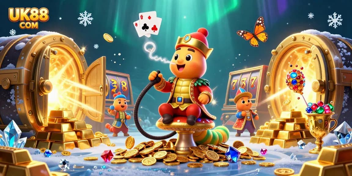 Win big at UK88 COM with a vibrant 3D casino scene featuring treasures and games.