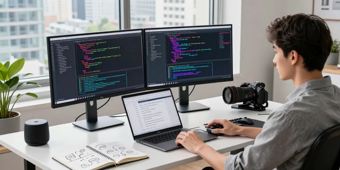 Developer coding on large language models at a modern workspace with dual monitors, notebooks, and a city view.