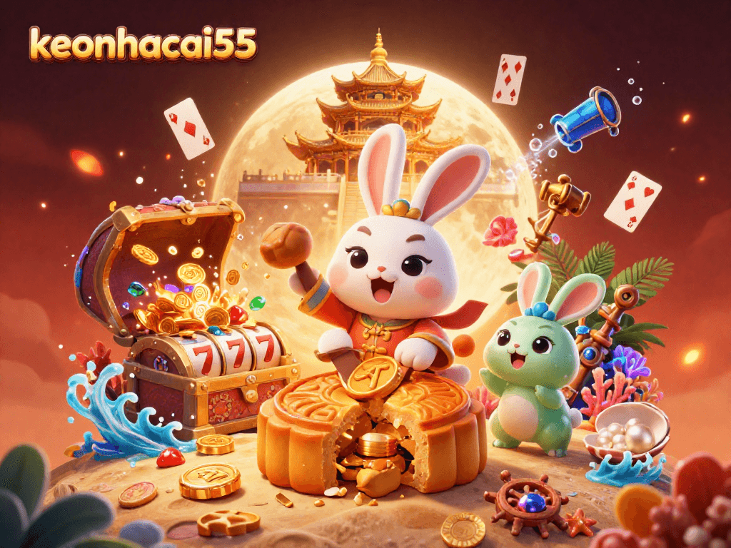 Keonhacai55 showcases a 3D moon rabbit surrounded by casino elements, including poker chips and slot reels.