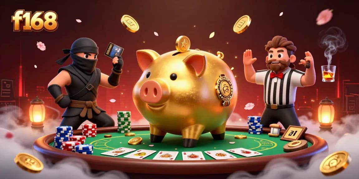Engage with f168's thrilling casino ambiance where a golden piggy bank wrestler stomps amidst dynamic gaming elements.