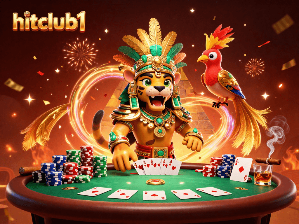 Experience thrilling poker action with hitclub1 in this vibrant 3D casino scene.