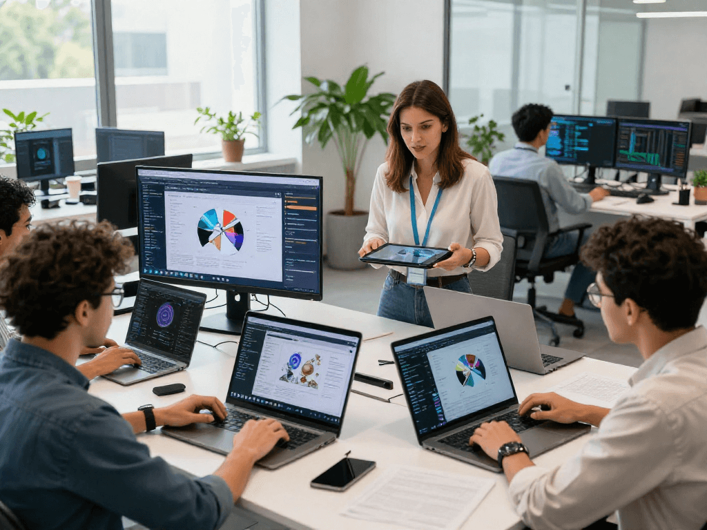 Innovative workspace displaying nsfw ai technology collaboration, featuring diverse team creating adult content moderation tools.