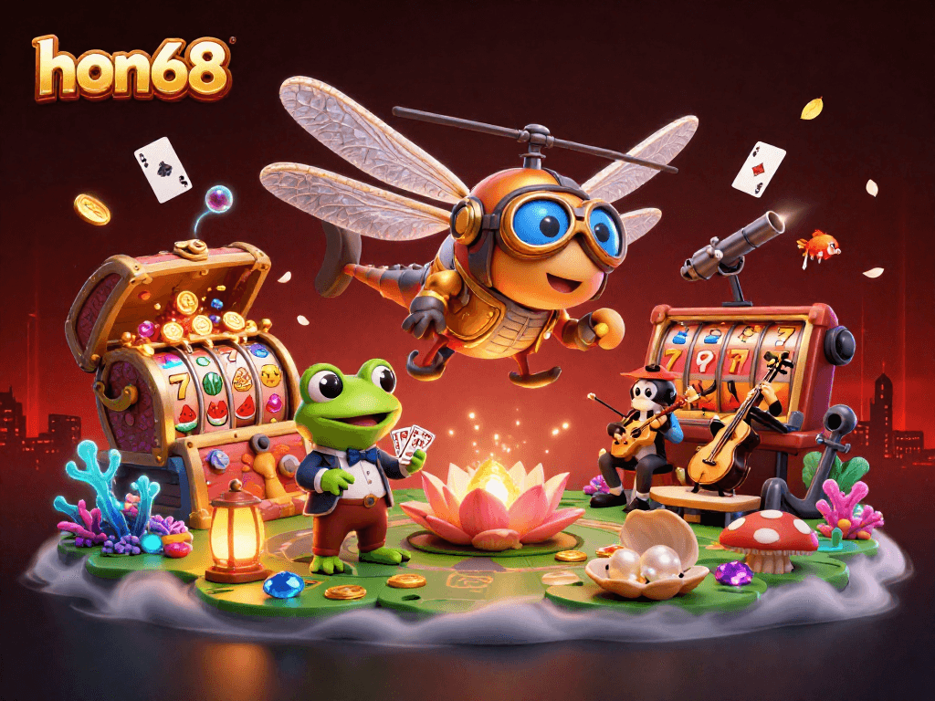 Engage in thrilling gameplay at hon68 with vibrant slots and energetic characters in a lively casino scene.