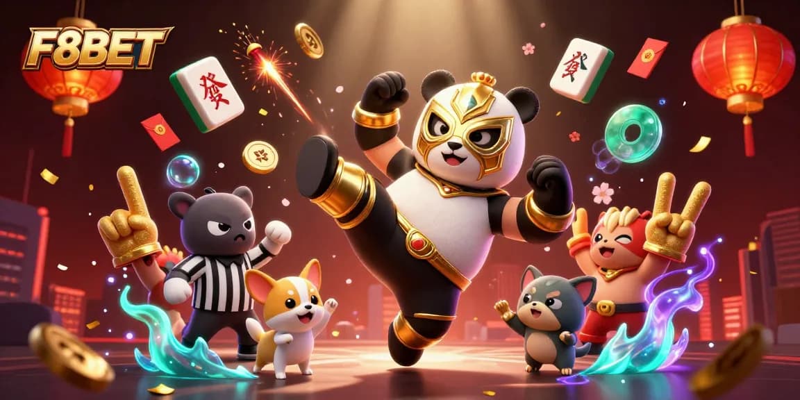 F8BET offers thrilling gaming experiences with vibrant characters and casino elements in a lively 3D illustration.