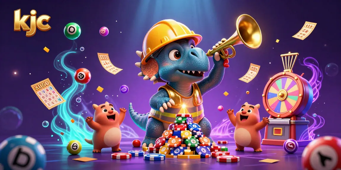 Engage with the exciting world of kjc, where a triceratops builds poker chip pyramids while cheerful creatures celebrate amidst vibrant gambling elements.