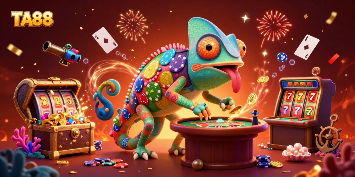 Observe the TA88 action with vibrant casino elements swirling around the chameleon owner.