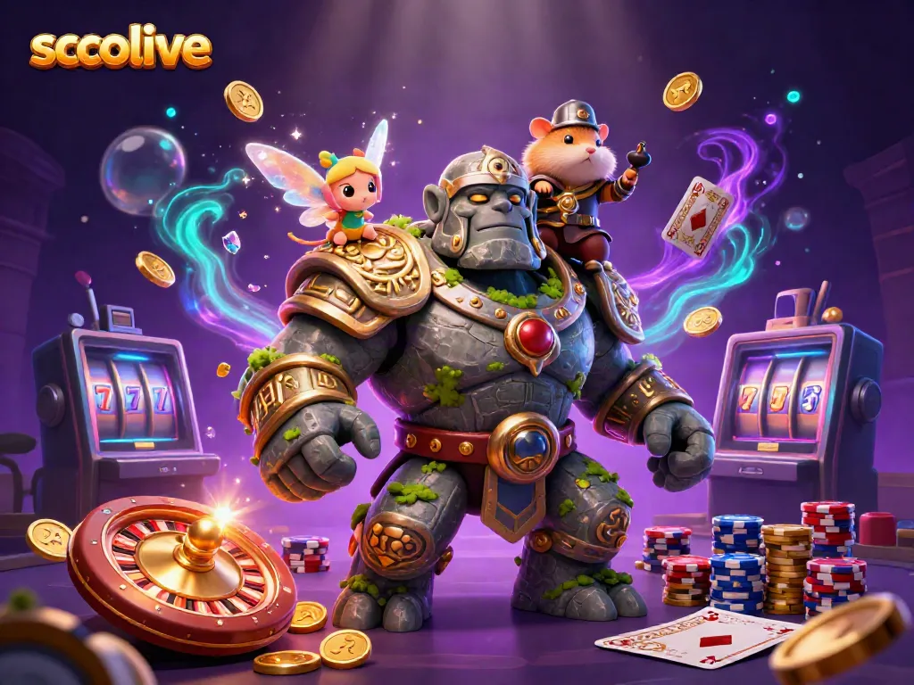Experience the magic of socolive as a golem, fairy, and hamster knight dance amid golden coins and vibrant casino elements.