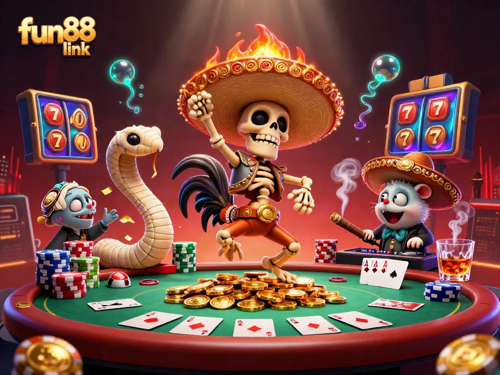 Experience the excitement of fun88 link in this vibrant casino scene with action-packed characters.