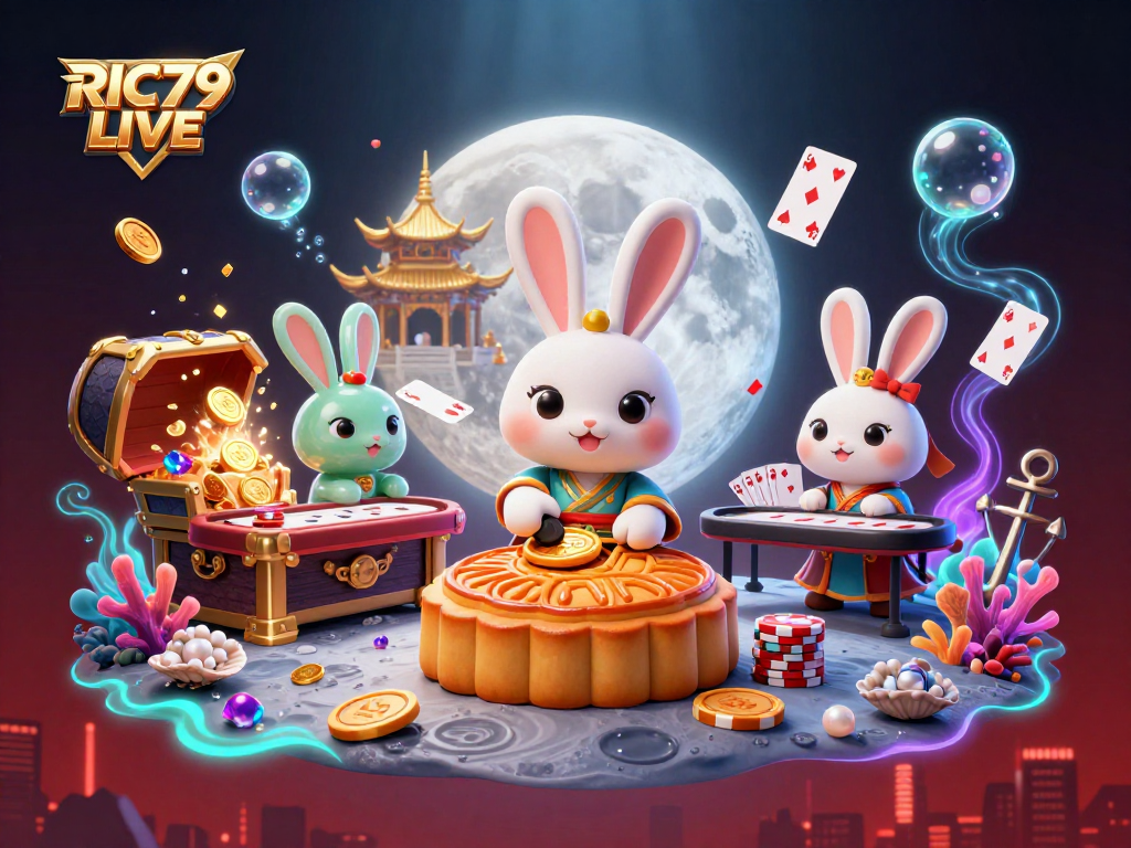Play poker with RIC79 LIVE on a celestial casino-themed lunar landscape.