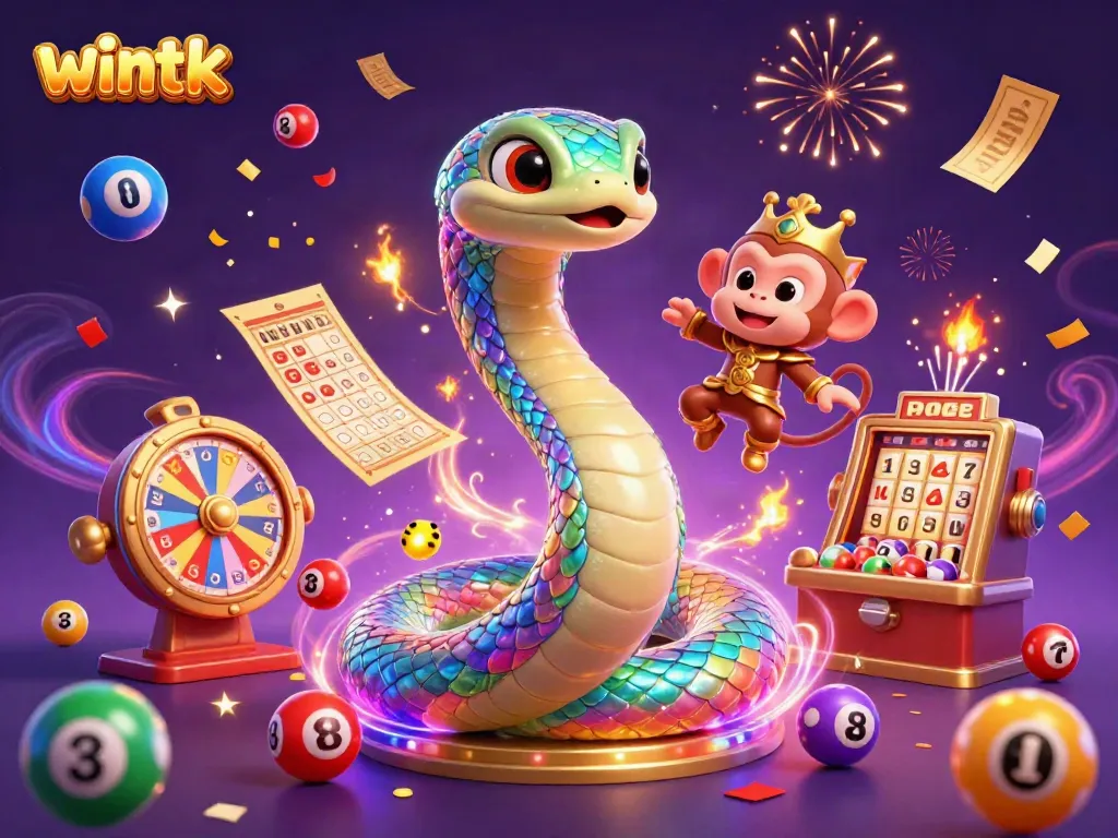 Engage with Wintk's vibrant gaming world featuring rainbow serpent and lucky bingo elements.