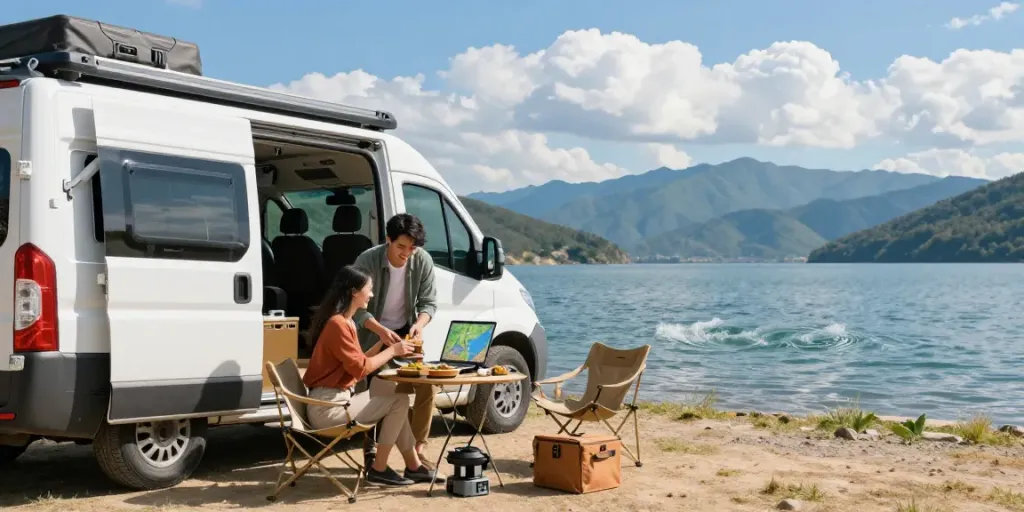 Couple enjoying a rokok88 campervan adventure by a serene lake.