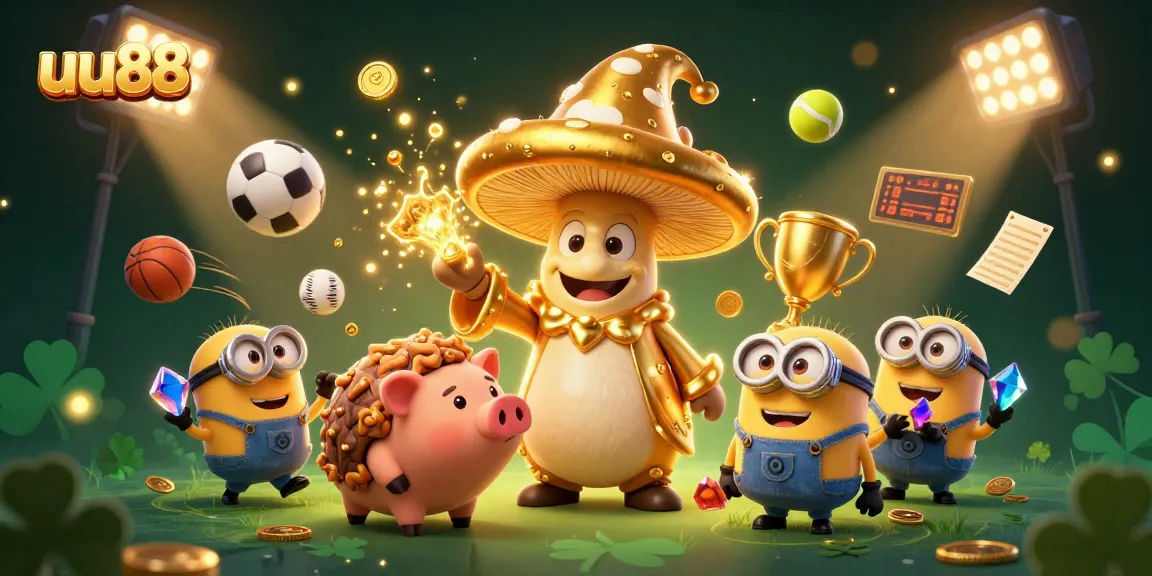Experience thrilling gameplay at uu88 with a golden wizard and sports elements in a vibrant casino scene.