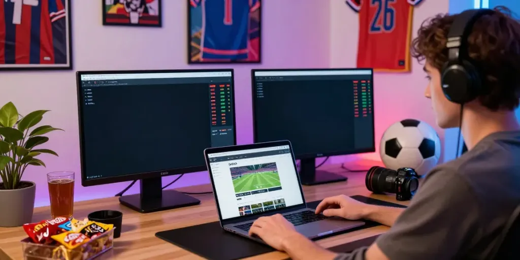 Engaging betting scene at DEBET showcasing live sports betting with dual monitors and vibrant atmosphere.