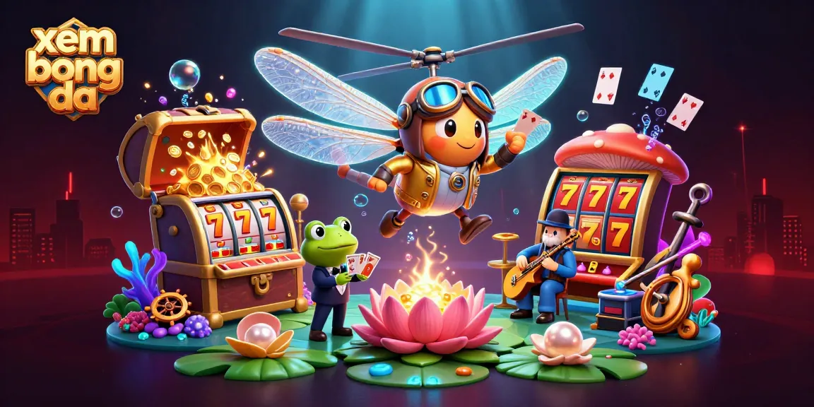 xem bong da scene with dragonfly pilot overseeing a lily pad casino, showcasing vivid gambling elements