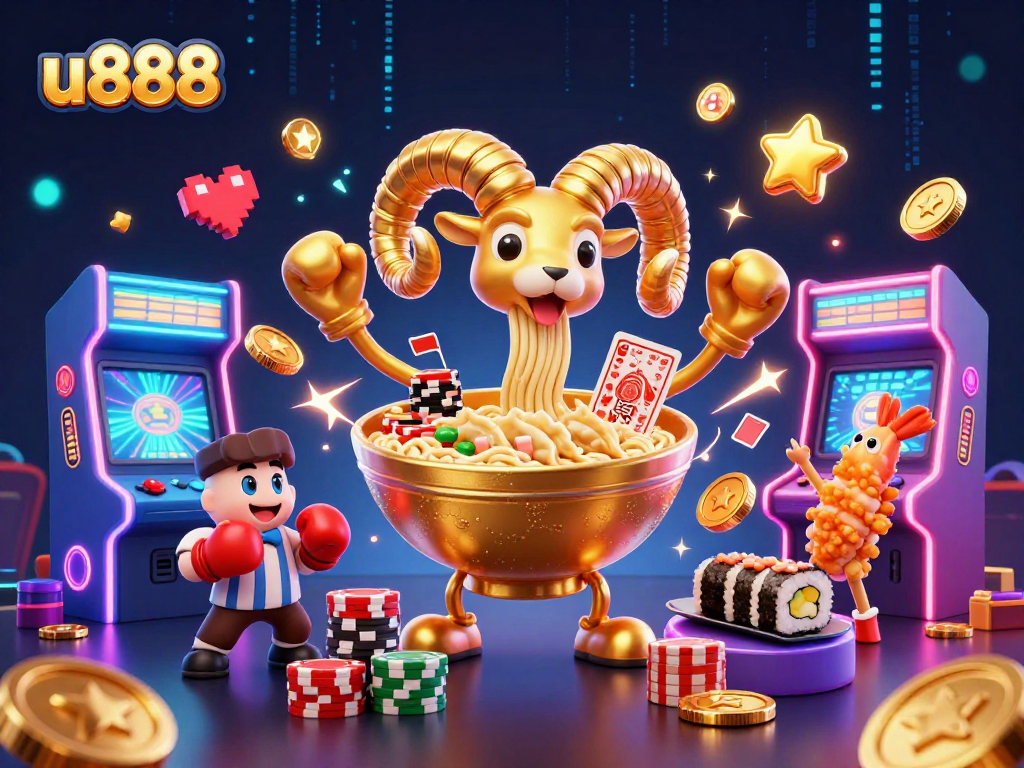 Engage with exciting games at u888 featuring a lively 3D scene of a ramen bowl dealer.