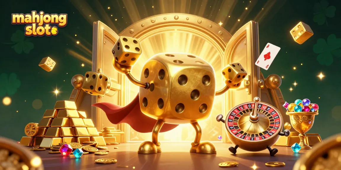 Experience exhilarating gameplay with Mahjong slot as golden dice and treasures light up the casino scene.