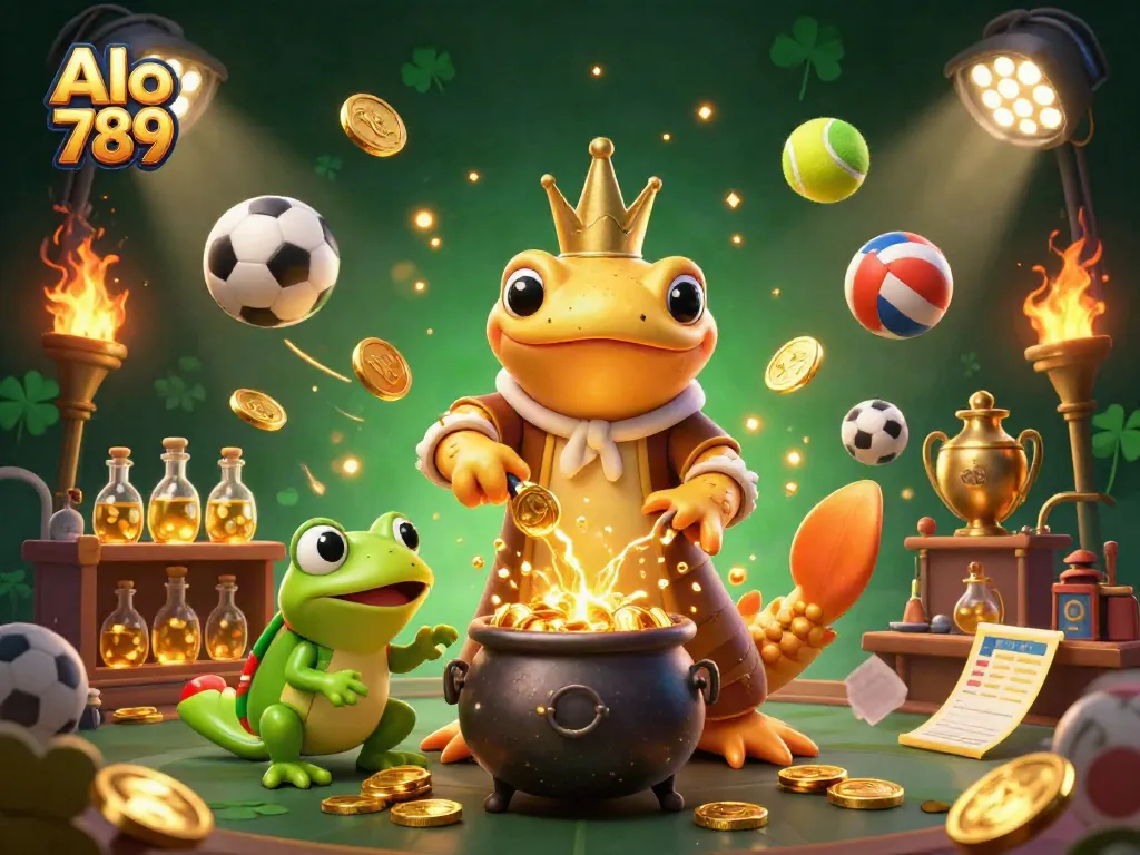 Experience thrilling gaming action with Alo 789's alchemist and energetic characters in a lavish scene.