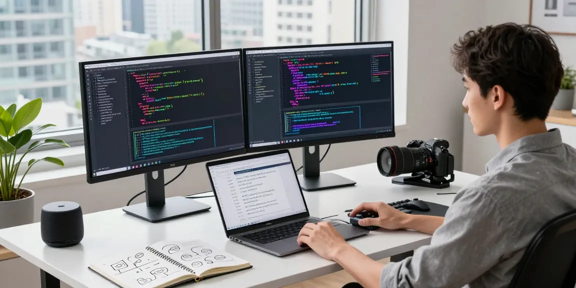 Developer coding on large language models at a modern workspace with dual monitors, notebooks, and a city view.