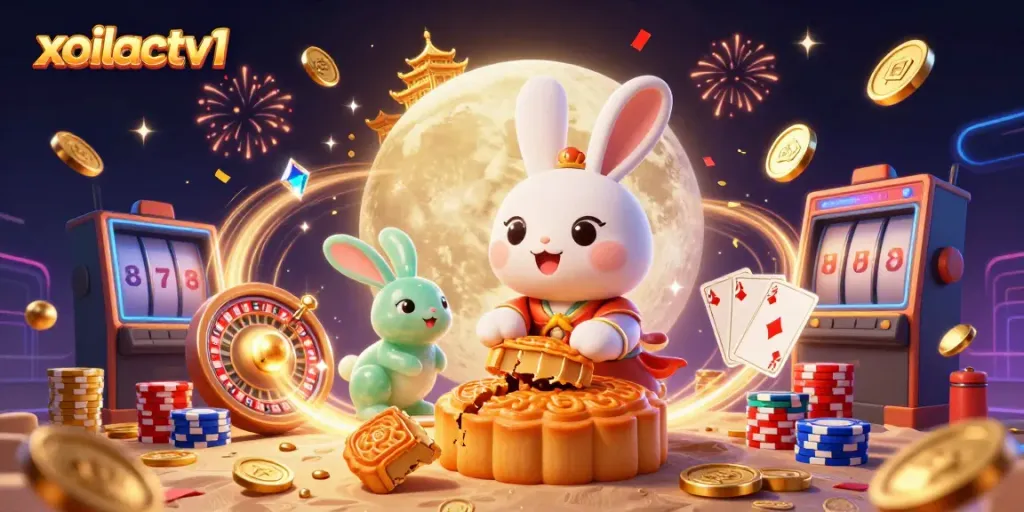 Xoilactv1 casino scene showcasing a moon rabbit creating lucky poker chips within a vibrant celestial setting.