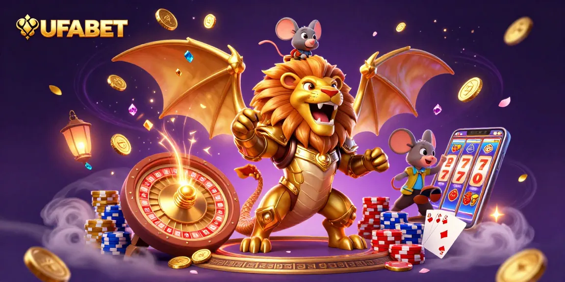 Experience the thrill of UFABET with a triumphant chimera, golden coins, and live casino action.