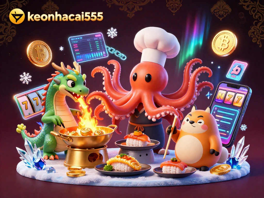 Experience the thrill of keonhacai555 with vibrant 3D cartoon action featuring an octopus chef and crypto elements.
