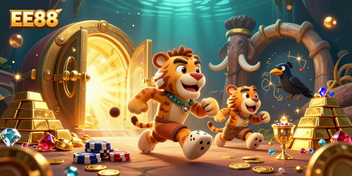 EE88 showcases a vibrant 3D scene of a prehistoric casino run by a caveman and sabertooth duo, filled with treasures.