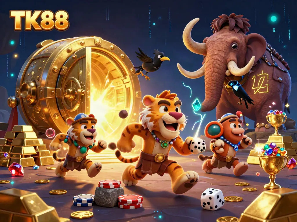 Engage in thrilling gameplay at TK88 with vibrant casino scenes filled with treasures.