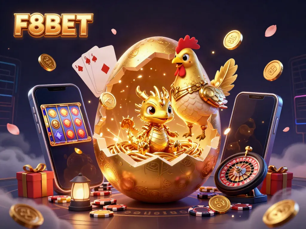 Experience the thrilling world of F8BET with an animated gold dragon and exciting casino elements.