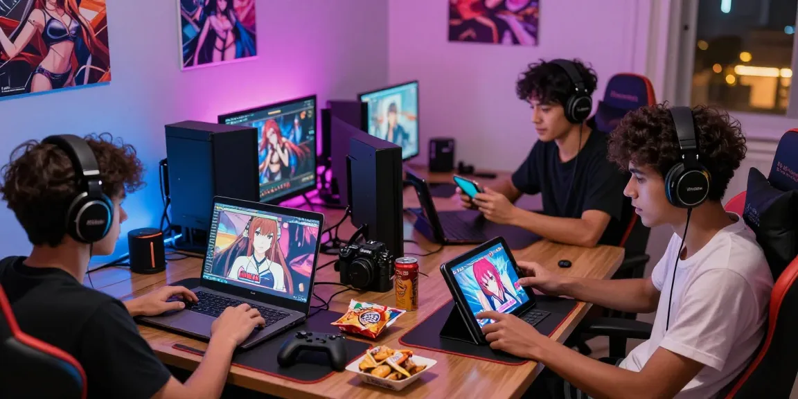 Gamers enjoying various online ecchi games on laptops, tablets, and smartphones in a vibrant gaming setting.