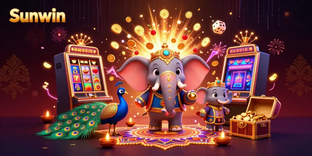 Experience exciting wins at Sunwin with a vibrant 3D casino scene featuring classic games and jackpots.