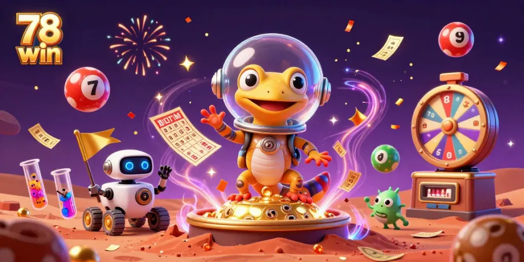 Experience the thrill of 78 win with vibrant casino scenes featuring a Martian gecko discovering treasures.