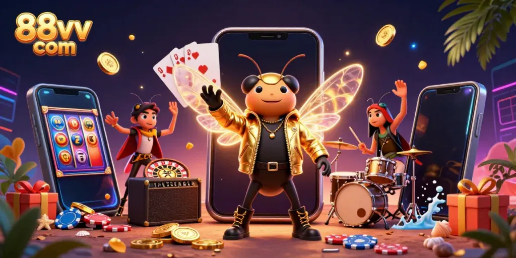 Win big with the vibrant 88vv com casino scene featuring a rock star and exciting game elements.