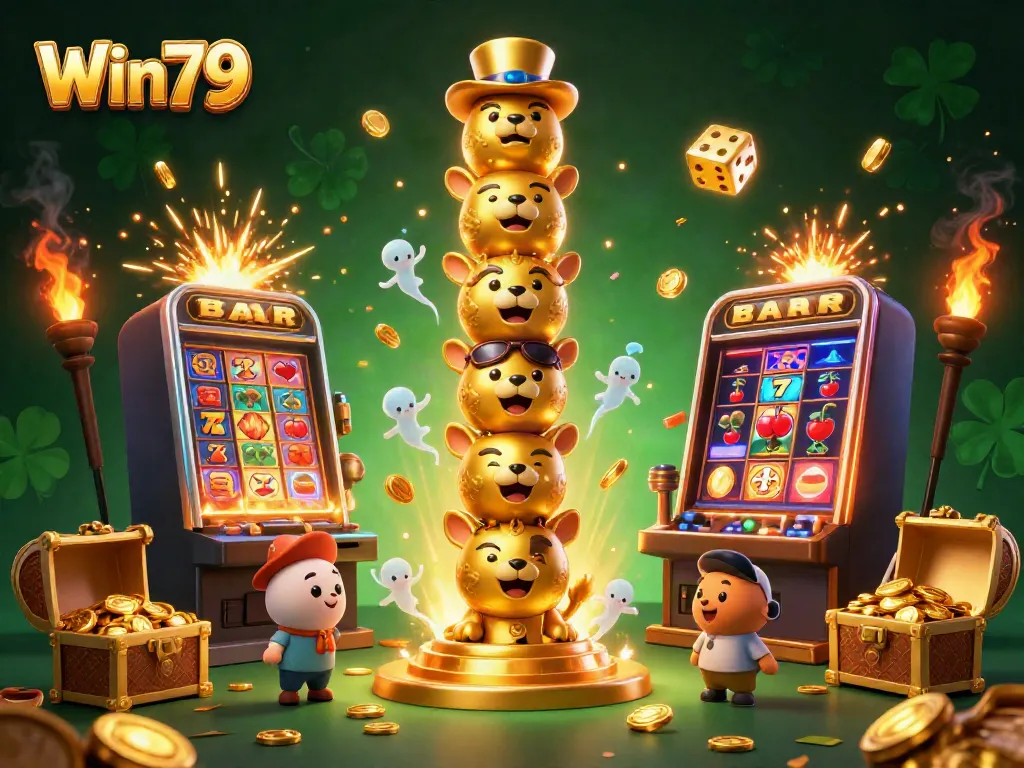 Experience big wins with Win79 in this vibrant 3D casino illustration showcasing a lively gaming scene.