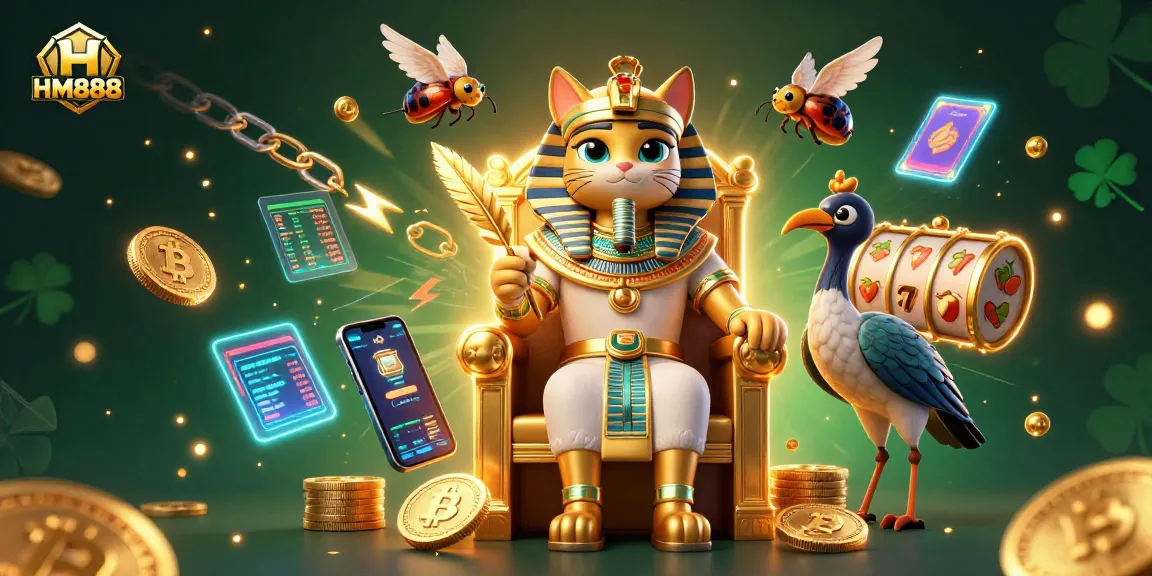 Engage in thrilling gameplay at HM888 with vibrant slot elements surrounding a pharaoh cat and treasure.