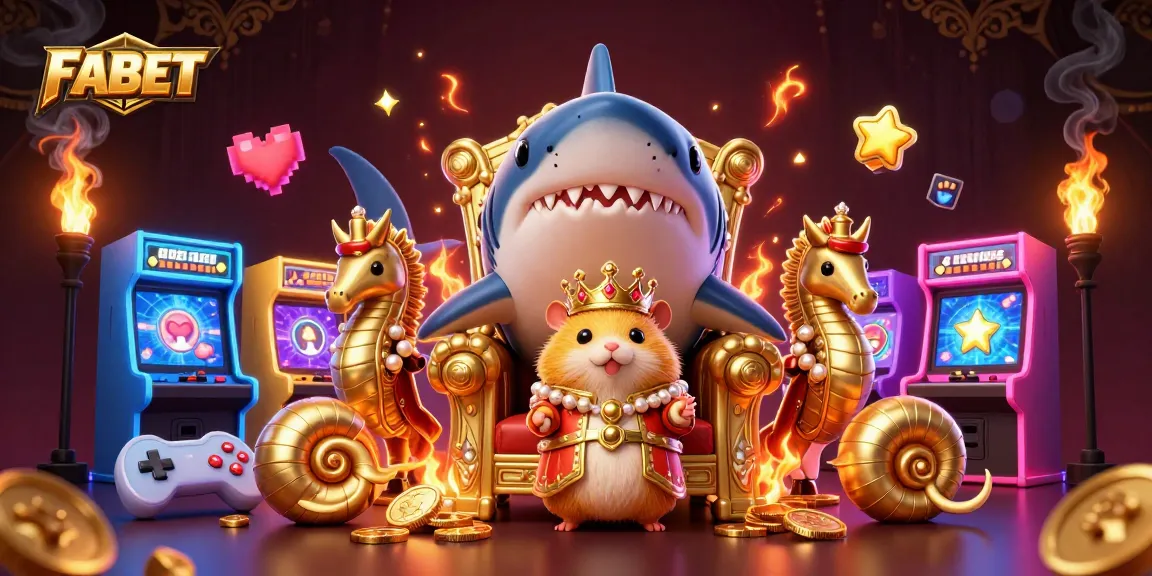 Engage with FABET's online casino adventures, featuring a golden hamster king and vibrant arcade elements.