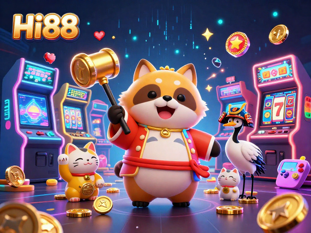 Experience the thrill of Hi88's vibrant casino atmosphere with a cheerful tanuki and lucky symbols.