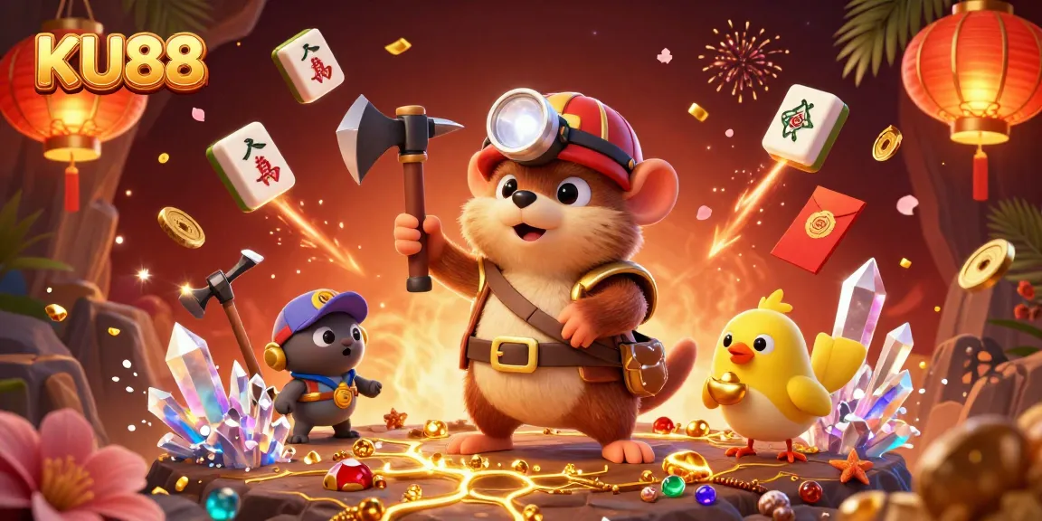 Experience winning gameplay at KU88 with a vibrant illustration of a treasure hunter in a lavish cave.