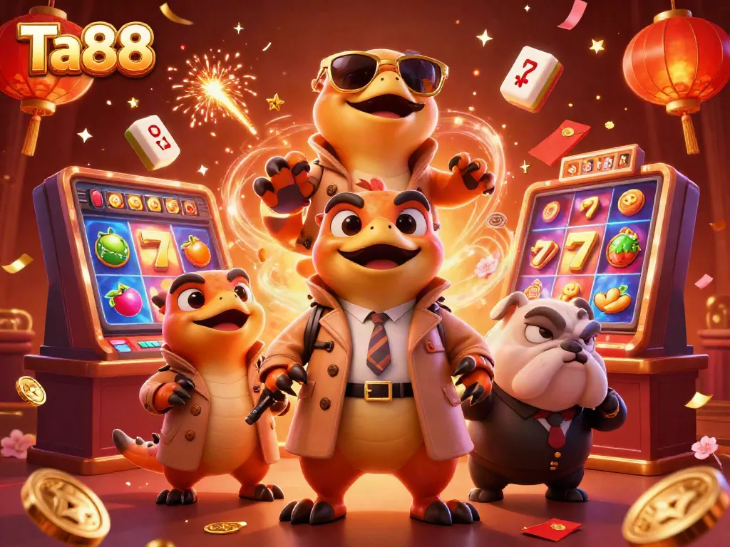 Experience thrilling gameplay with Ta88's vibrant casino scene featuring animated characters and festive decorations.