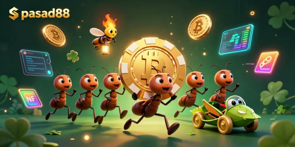 Experience the excitement with spasad88 as cartoon ants carry a giant golden poker chip during a thrilling heist.