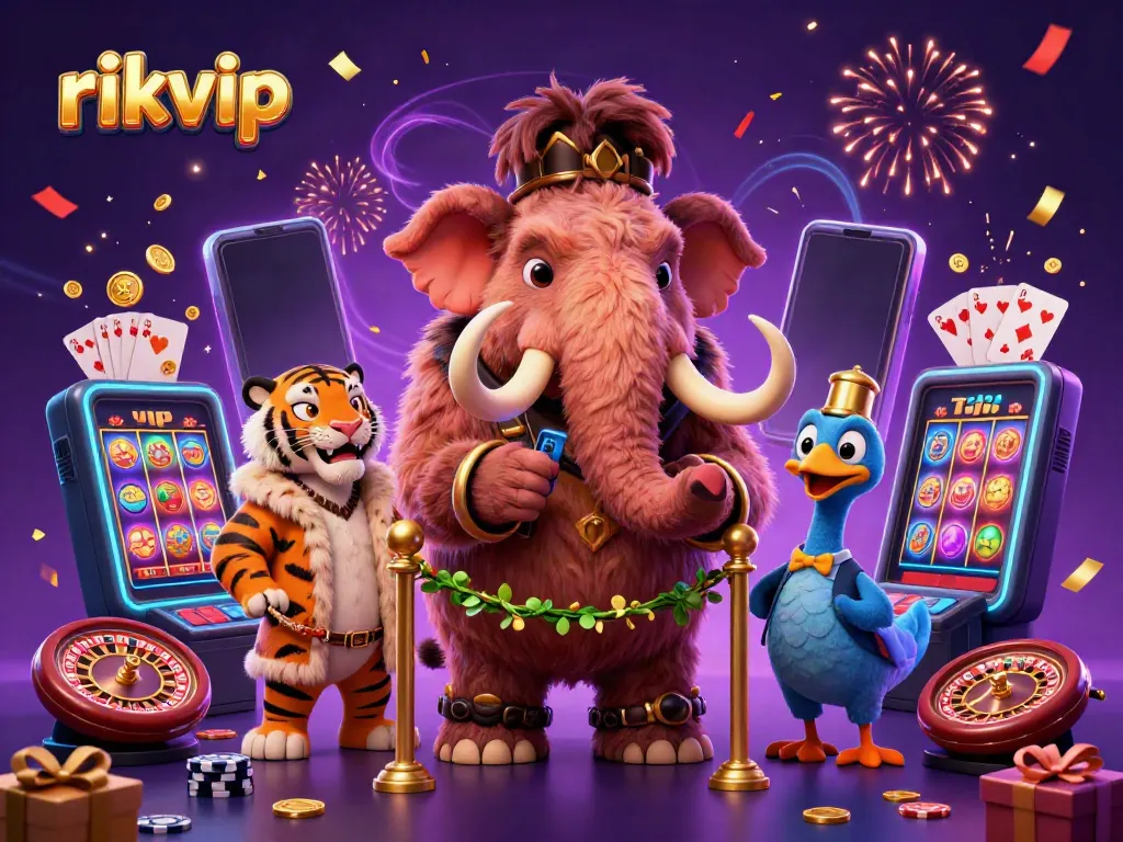 Experience excitement with rikvip as the lively casino scene showcases a vibrant slot game atmosphere filled with characters.